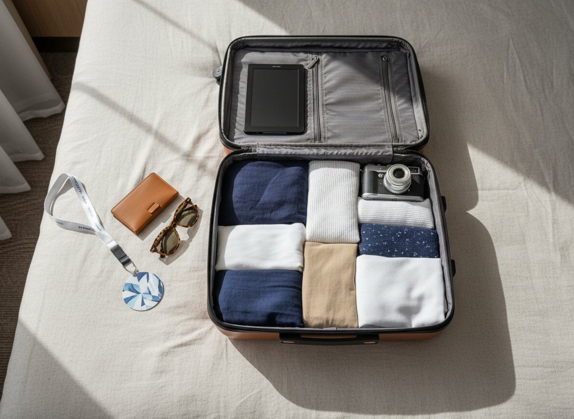 An overhead photographic view of a neatly packed carry-on suitcase on a neutral linen bedspread in a cruise ship stateroom. Inside the hard-shell case, folded resort-wear in coordinated navy, white, and sand tones is arranged with almost architectural precision, along with a slim e-reader, a compact camera, and a minimalist leather passport wallet closed with no visible text. To one side of the suitcase, a lanyard with an abstract, text-free keycard and a pair of classic sunglasses rest on the bed. Soft, indirect daylight from a nearby porthole or balcony door illuminates the scene, creating a calm, intentional mood that subtly teaches smart cruise packing for first-time travelers.