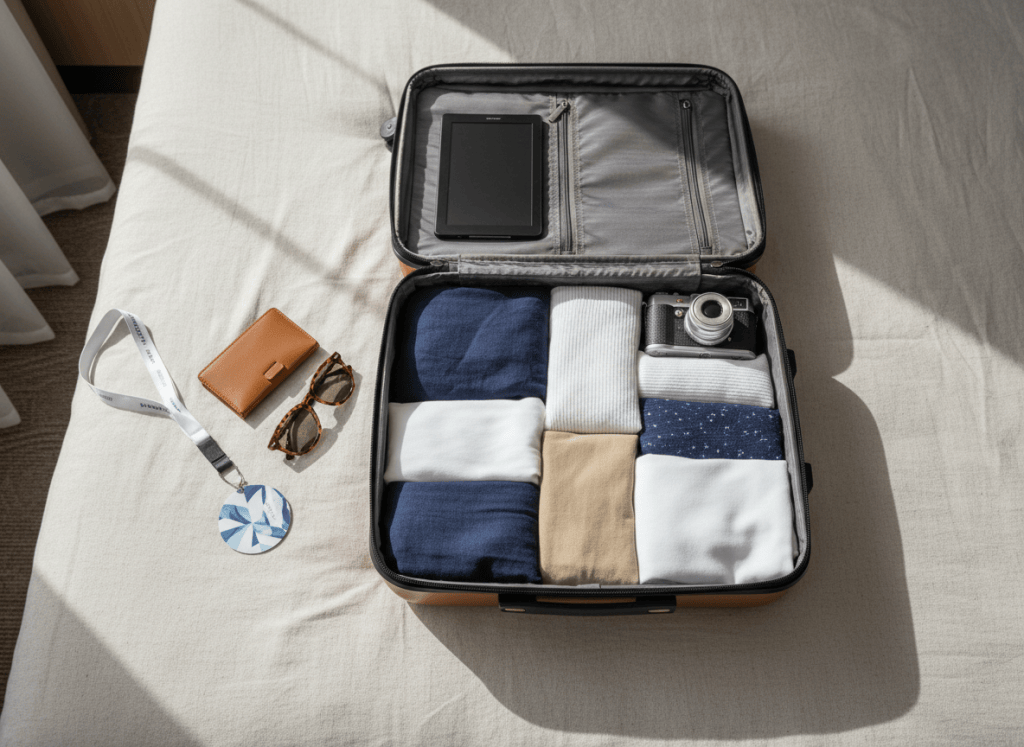 An overhead photographic view of a neatly packed carry-on suitcase on a neutral linen bedspread in a cruise ship stateroom. Inside the hard-shell case, folded resort-wear in coordinated navy, white, and sand tones is arranged with almost architectural precision, along with a slim e-reader, a compact camera, and a minimalist leather passport wallet closed with no visible text. To one side of the suitcase, a lanyard with an abstract, text-free keycard and a pair of classic sunglasses rest on the bed. Soft, indirect daylight from a nearby porthole or balcony door illuminates the scene, creating a calm, intentional mood that subtly teaches smart cruise packing for first-time travelers.