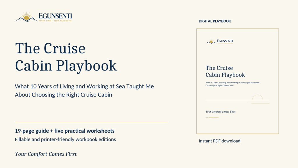 The Cruise Cabin Playbook by EGUNSENTI, with a cream cover, navy lettering, and gold details.